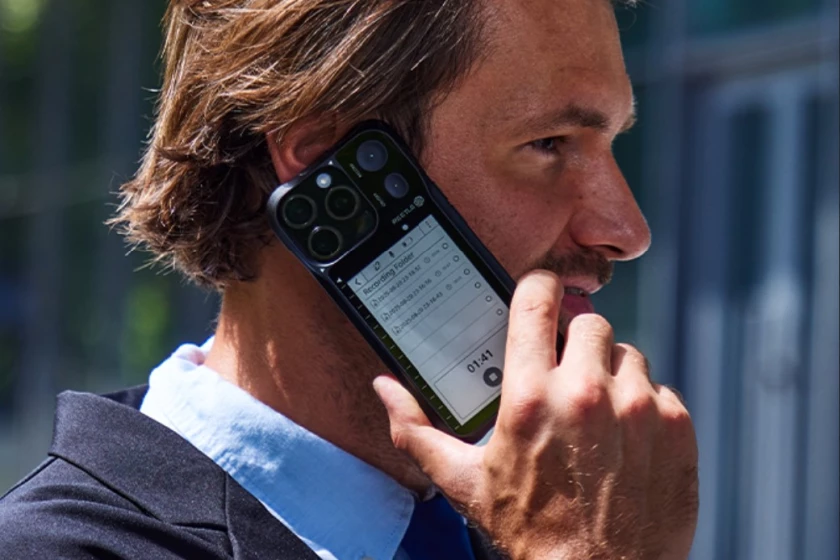 A protective case with corner guards that also features an E Ink display with one-touch record and transcribe functionality