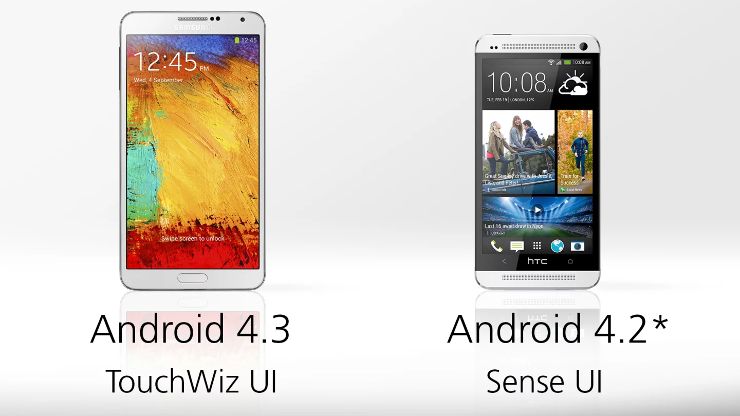 We're looking at different versions of Android, but the bigger difference comes from the TouchWiz and Sense UIs layered on top