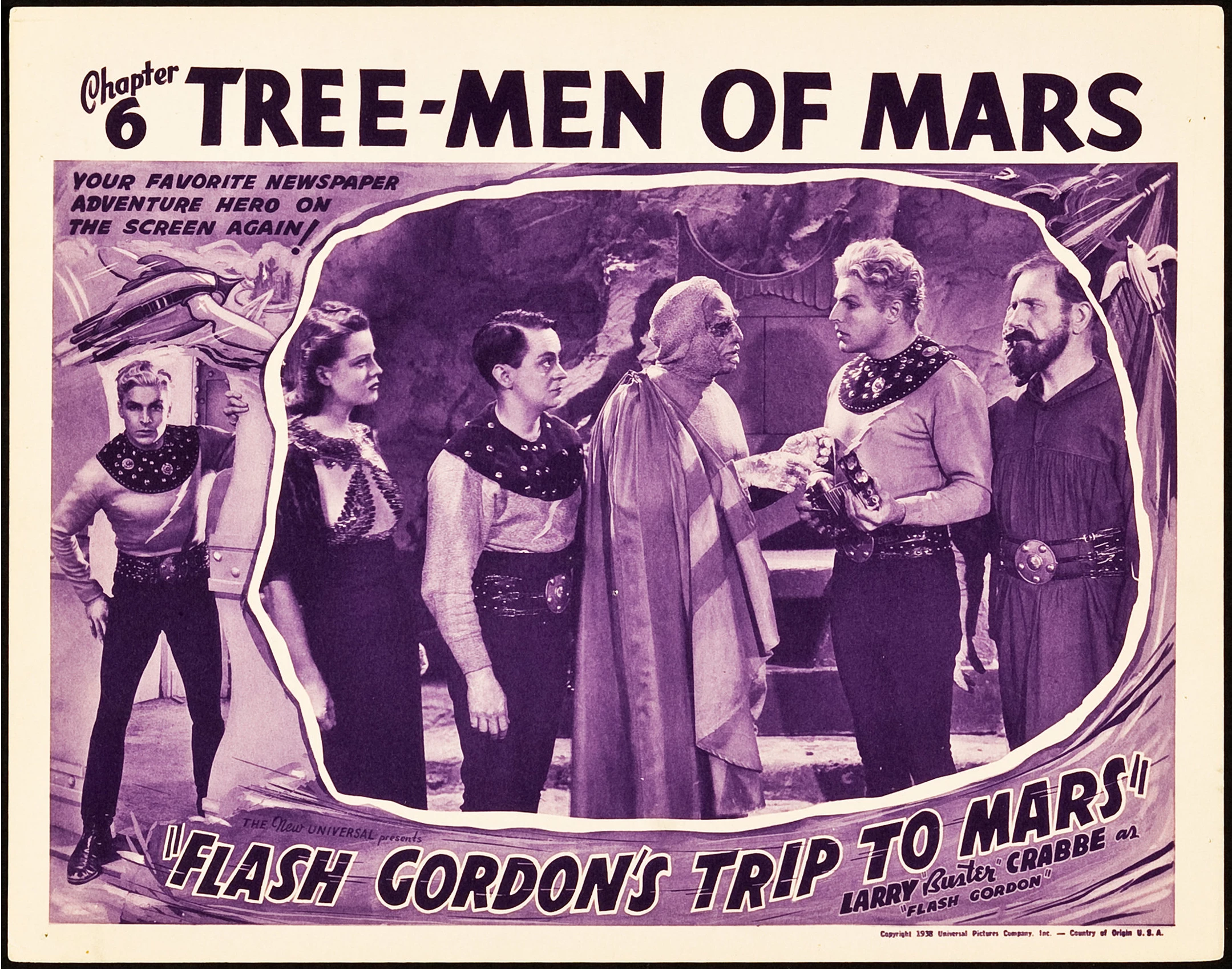 Flash Gordon was featured in three serial films: Flash Gordon (1936), Flash Gordon's Trip to Mars (1938), and Flash Gordon Conquers the Universe (1940). These movie serials were popular during the first half of the 20th century, consisting of a series of weekly episodes exhibited in consecutive order at theaters during the “shorts.” Each episode ended in a “cliffhanger” which helped to entice the audience back to the movie theater the following week for the next feature film, making the extremely popular Flash Gordon important to generating box office in movie theaters as audiences followed his adventures over months. Lobby cards such as this were important in promoting the next episode of the serial and are now highly sought after by collectors