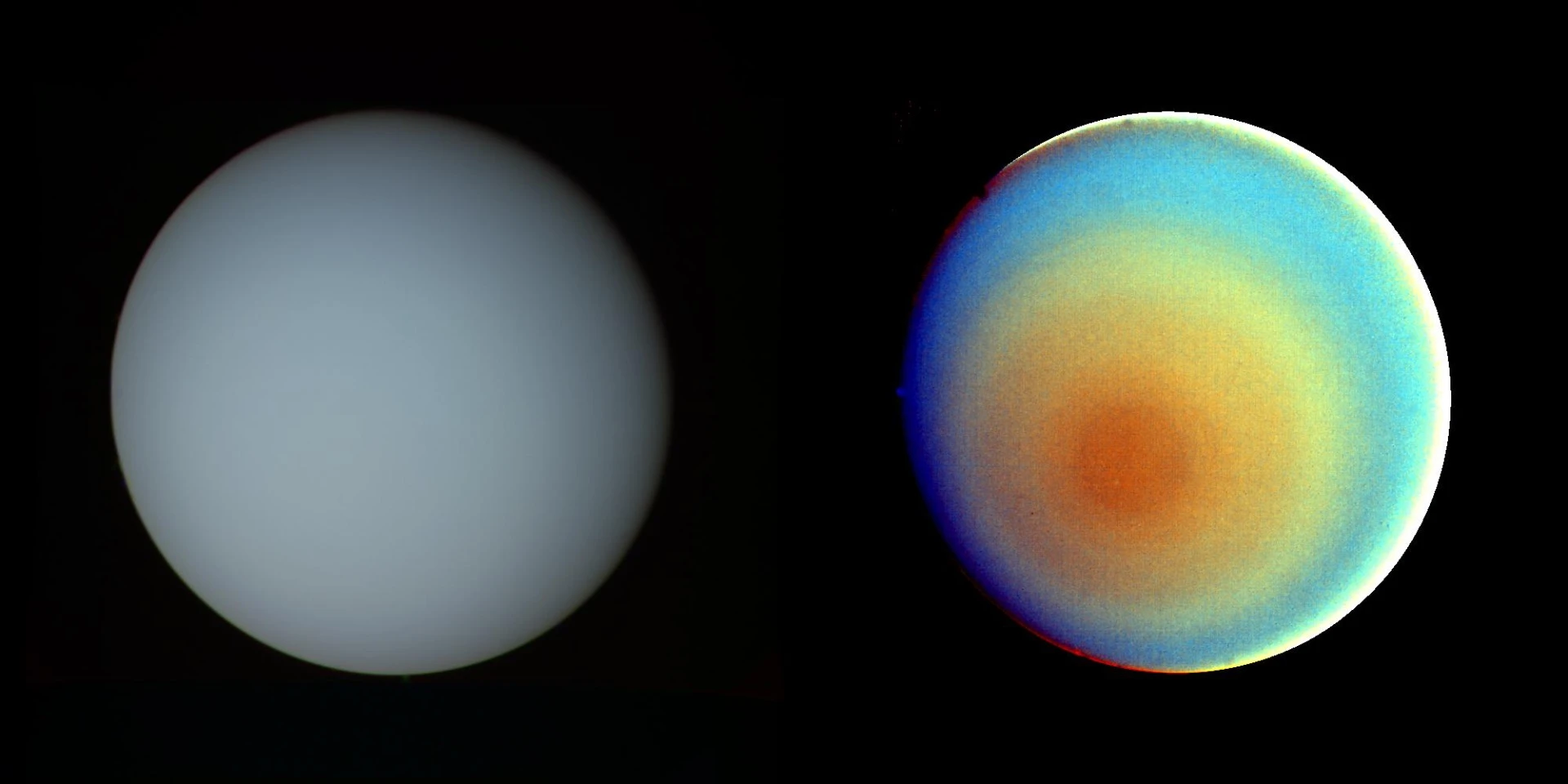 A false color shot from Voyager reveals concentric clouds on the South Pole of Uranus