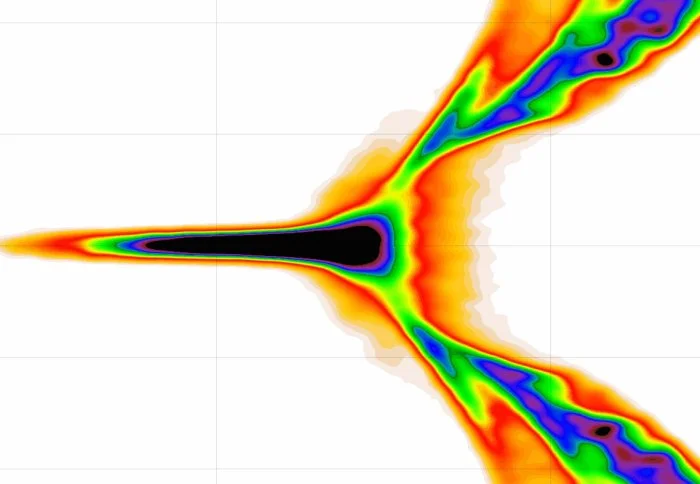 A simulation of antimatter particles being concentrated and accelerated into a positron beam