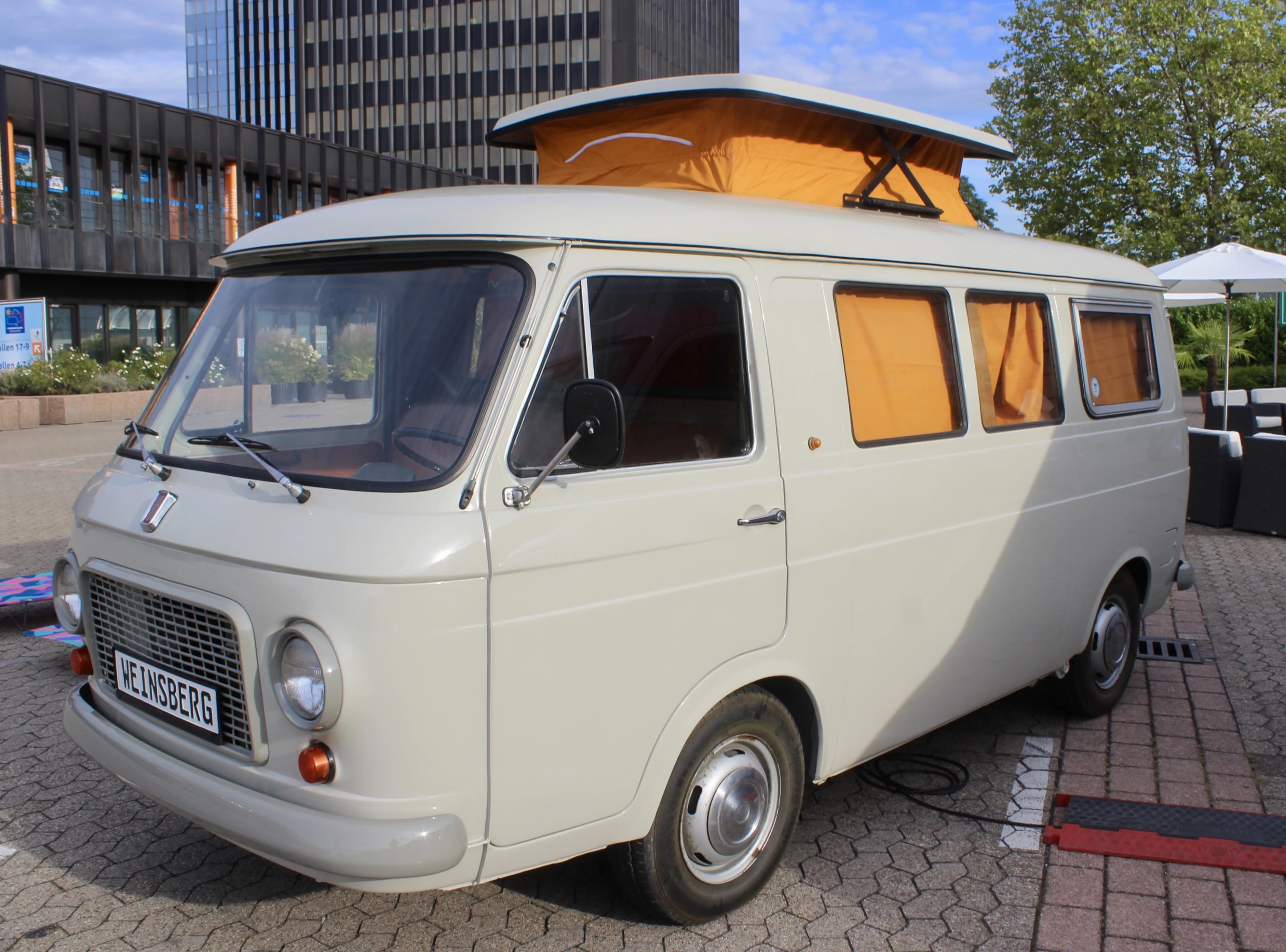 Unlike the full tilting roofs of today, this 1969 Weinsberg camper van had a small, centralized pop-up for extra headroom