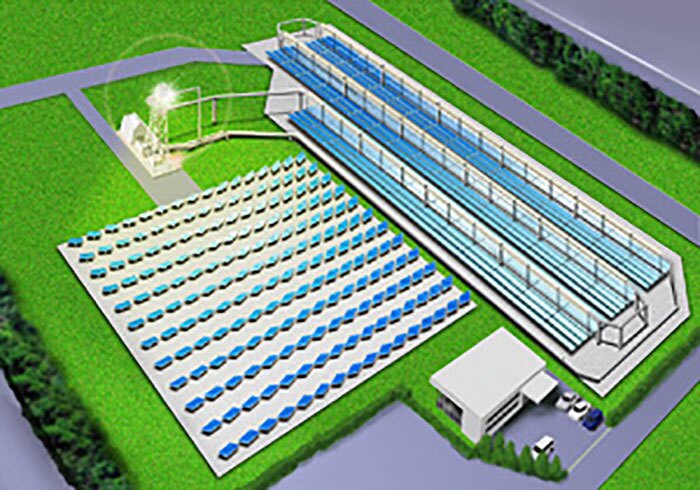 The hybrd CSP design includes a low-temperature Fresnel evaporator (right) that produces steam that is directed to a solar tower (top left) where it is further heated by an array of heliostats (left)
