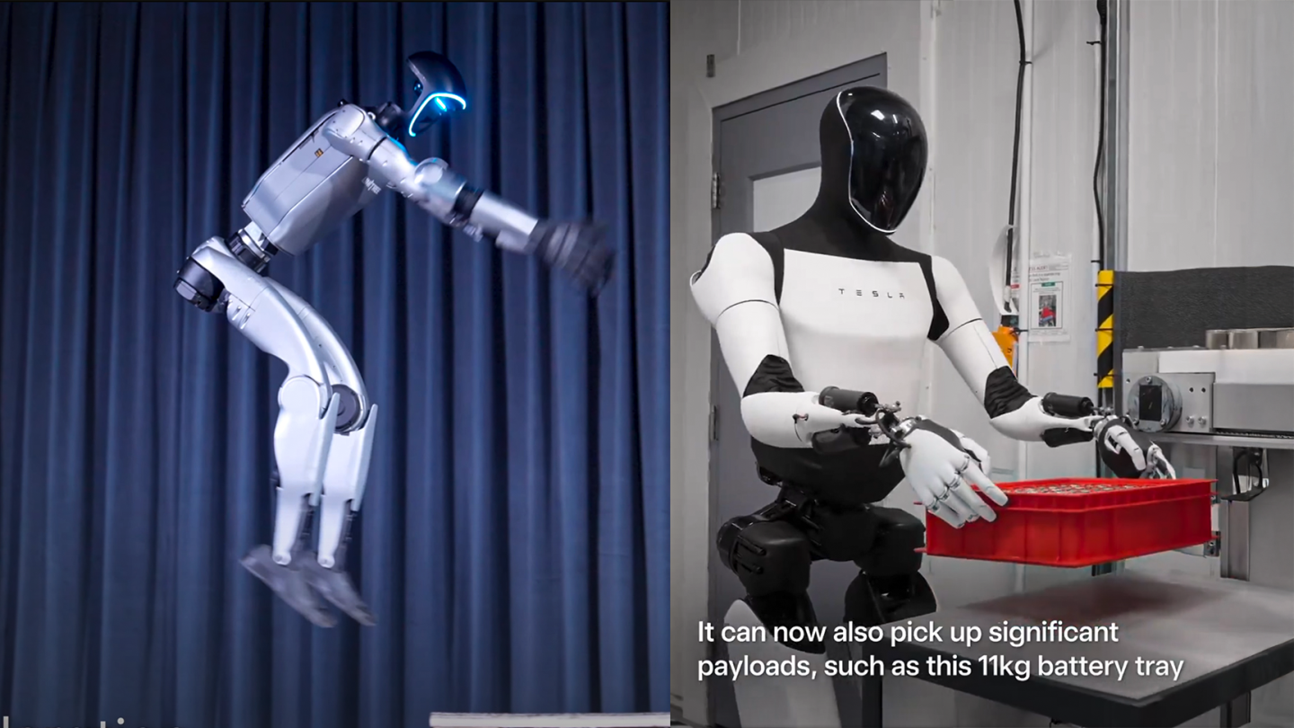 Left: the Unitree G1 sets a new humanoid standing long-jump record. Right: Tesla's Optimus picks up a tray