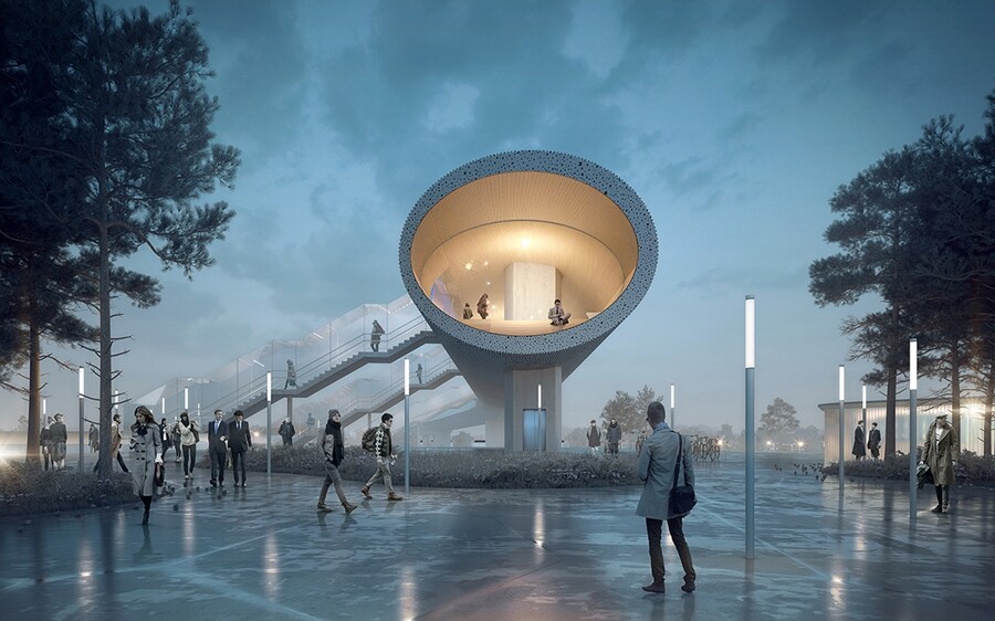 Floor-to-ceiling windows provide views at both ends of the bridge