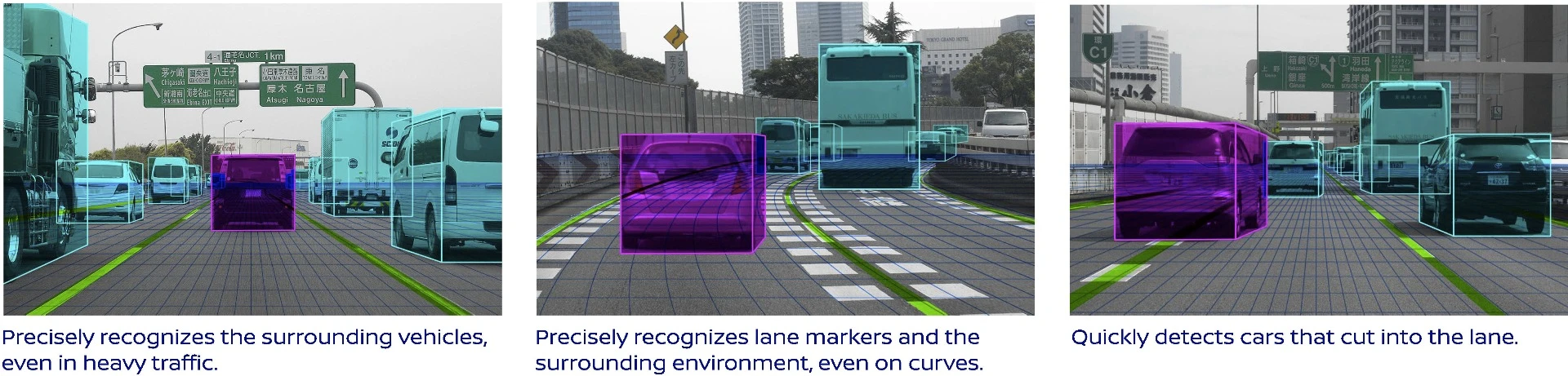 The system uses a mono camera to see the road ahead