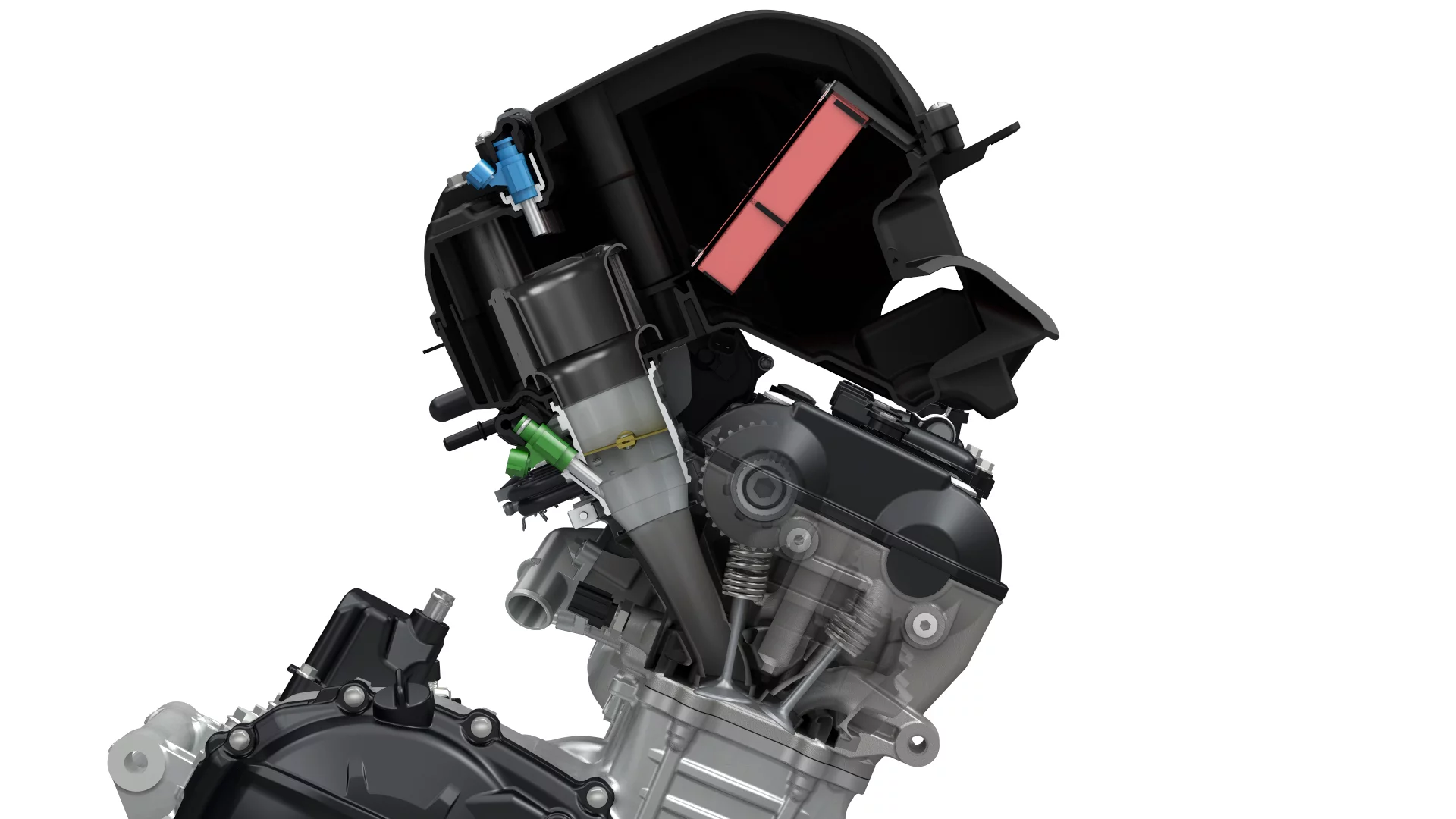 High in the airbox of the 2017 GSX-R1000/R, the top-feed injector (in blue) comes into play only at high rpm spraying finely atomized fuel into the combustion chamber