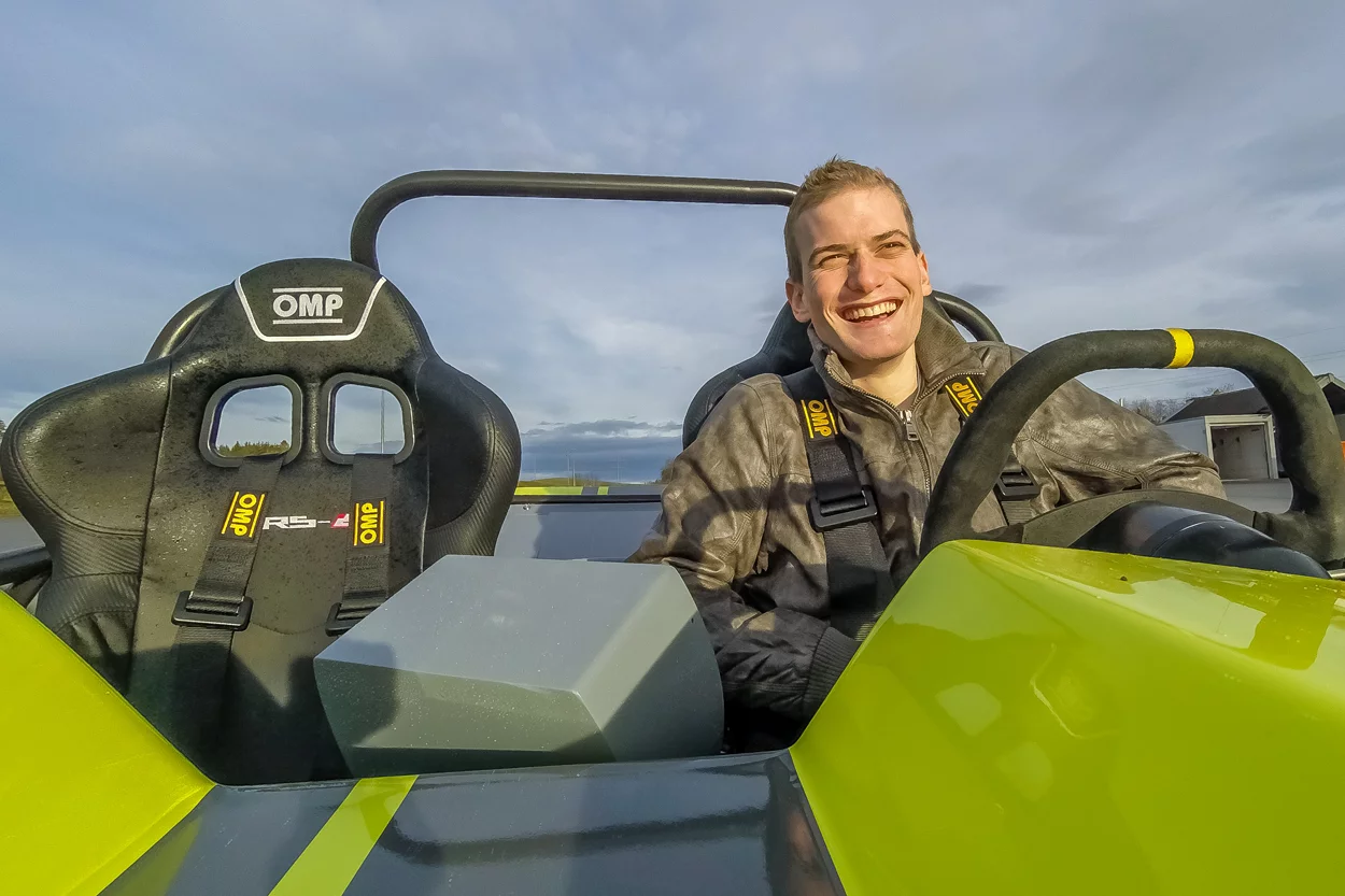 Chief engineer Daniel Wenger has some fun behind the wheel of the eRod