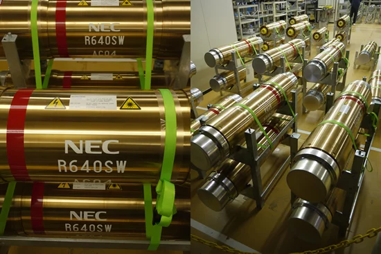 A close-up of the repeaters that are placed along the cable to keep the beams of light strong on their journey across the ocean