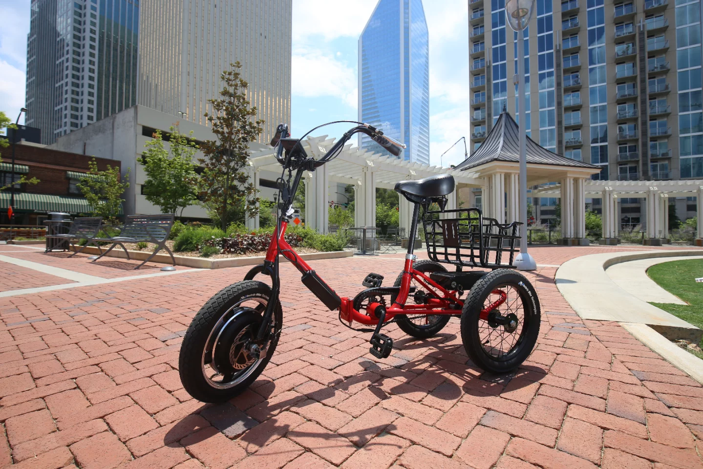 The Liberty Trike features a 750-watt front hub motor powered by a removable 36-volt/10-Ah lithium iron phosphate battery pack