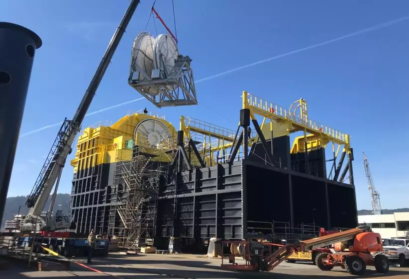 This massive OE35 wave energy generator was built in an Oregon shipyard and towed out to Hawaii for testing