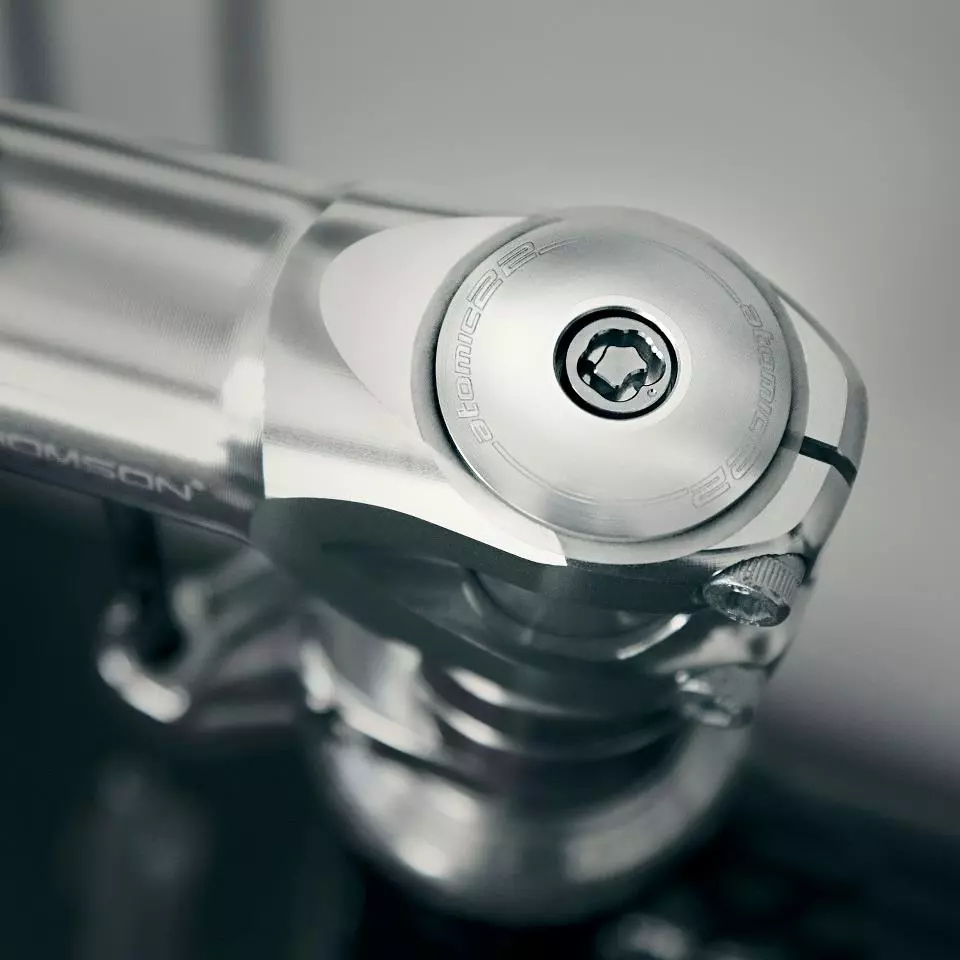 The infiniti3D system replaces the existing fasteners on bicycle components (such as the mounting bolt on this stem), to keep them from being removed by thieves
