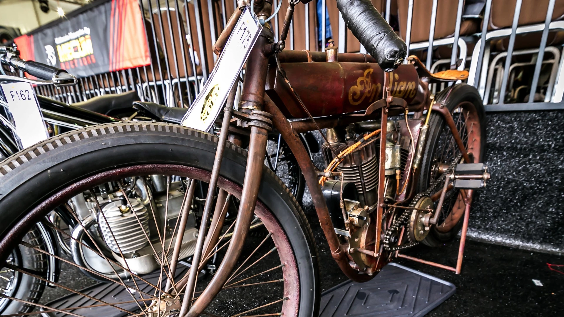 This largely original Indian board track racer from more than a century ago, still with the original paint, sold for $88,000.