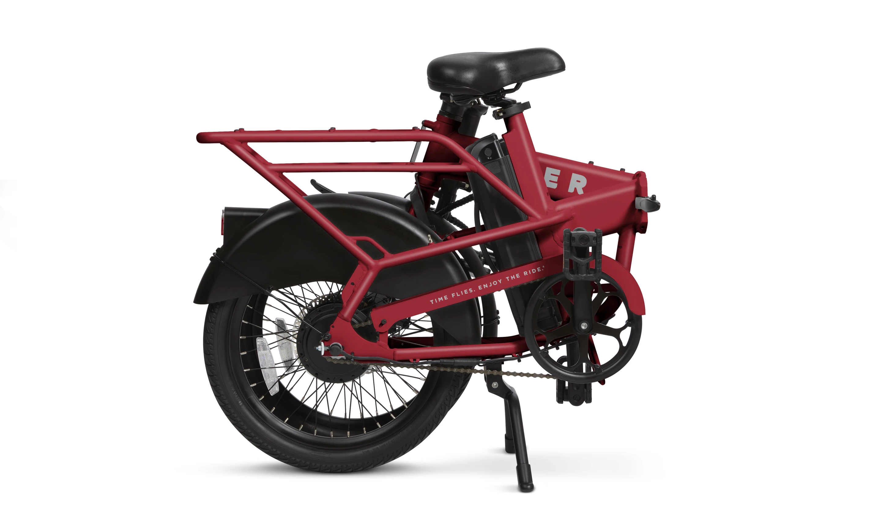 The Flyer Folding Cargo ebike collapses down to 35.5 x 22 x 31.5 inches