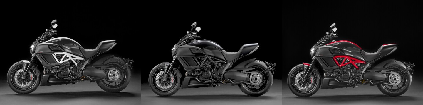 With its laid-back street ergonomics, blistering performance and commanding style, the new Diavel now rolls out dressed in stylish Dark Stealth livery, a black trellis frame and black wheels. The Carbon offers the choice of traditional Ducati Red over Matte Carbon with red frame or White over Matte Carbon with white frame, both with black, forged wheels by Marchesini, turned and milled to expose the natural aluminum.