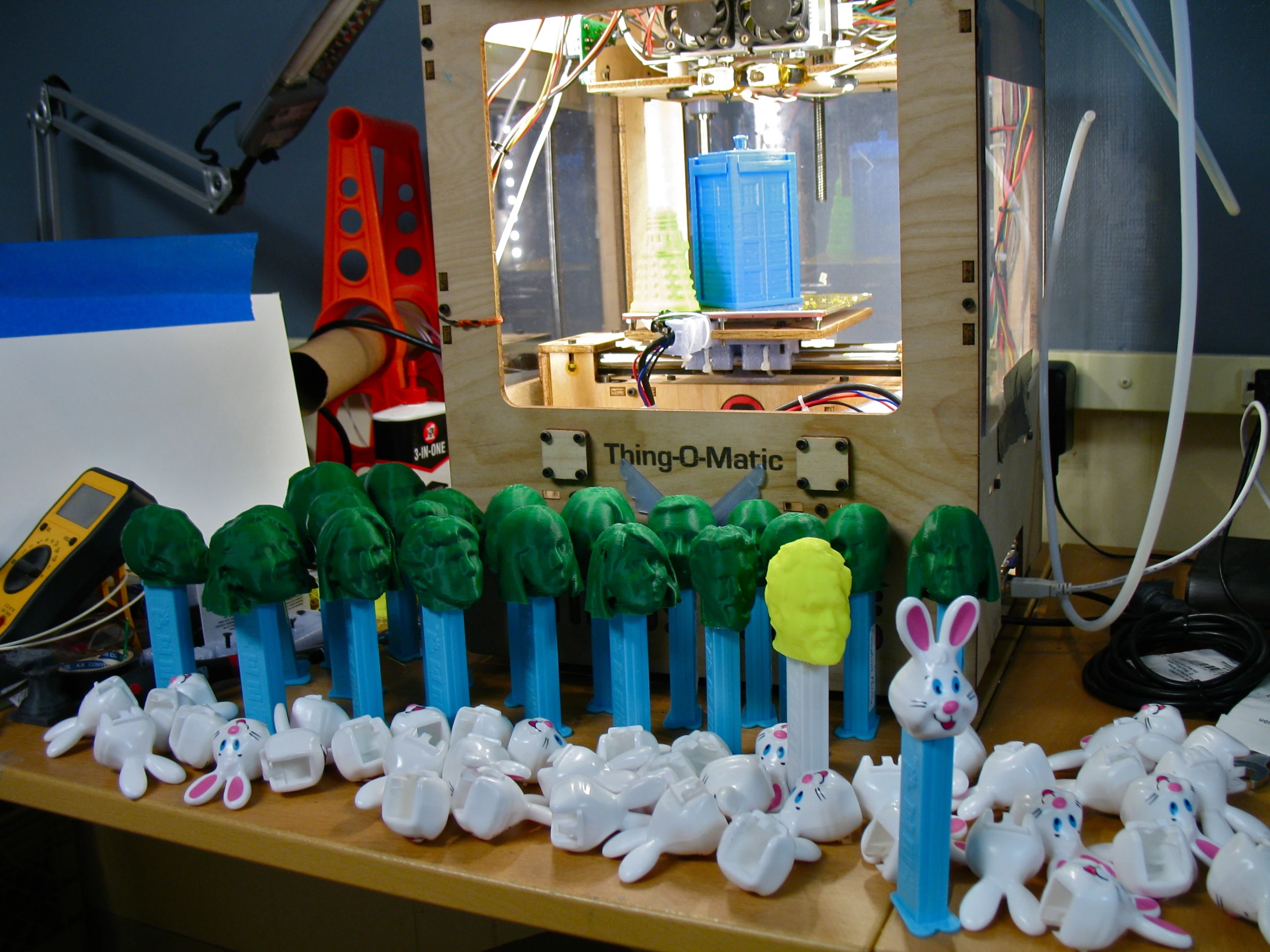 After printing the heads with a Makerbot Replicator, the final step was to attach them to some decapitated Pez dispensers