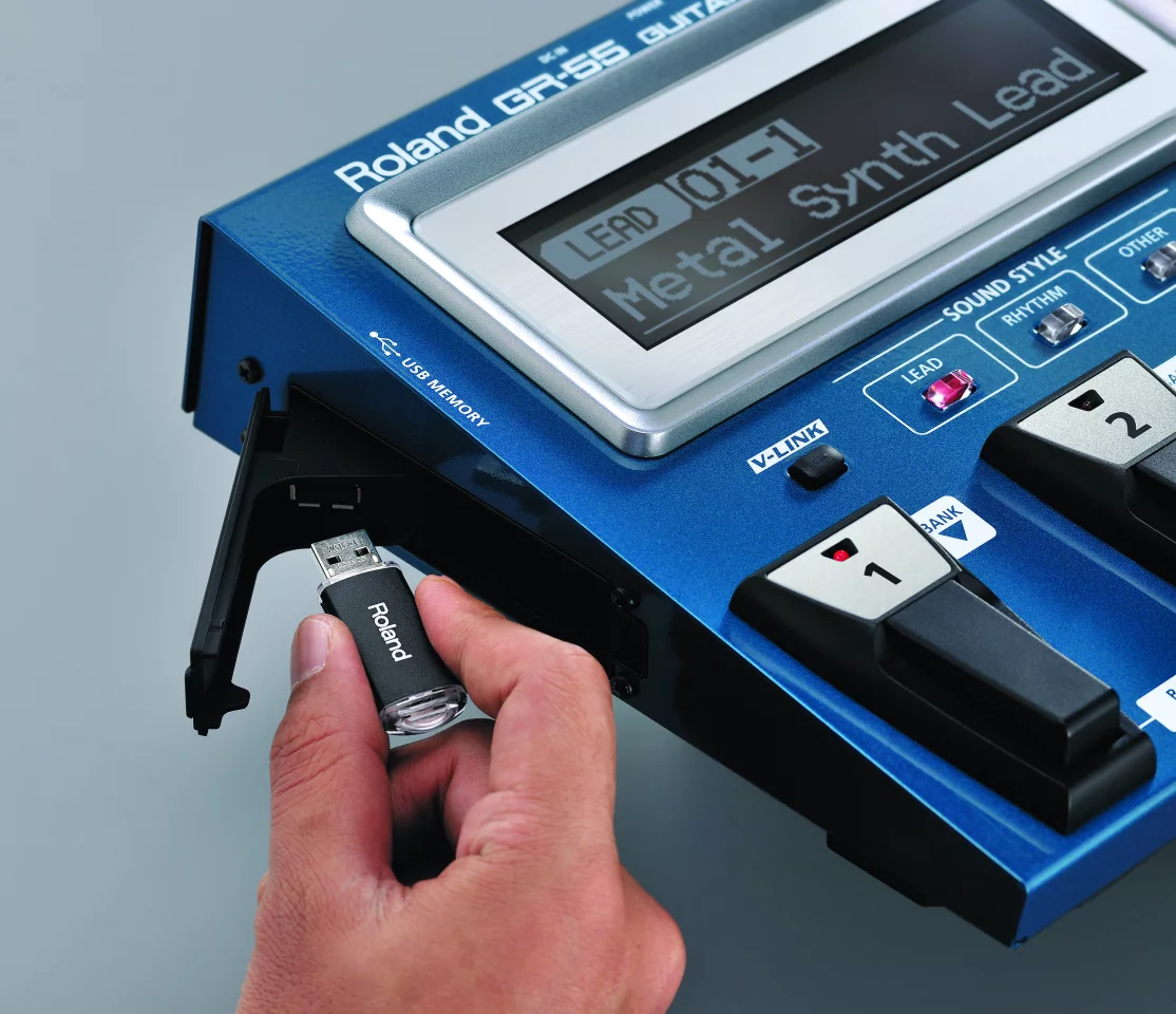 The GR-55 sports a foot-pedal-controlled USB song player that lets you load up and play WAV files from a USB Flash Drive