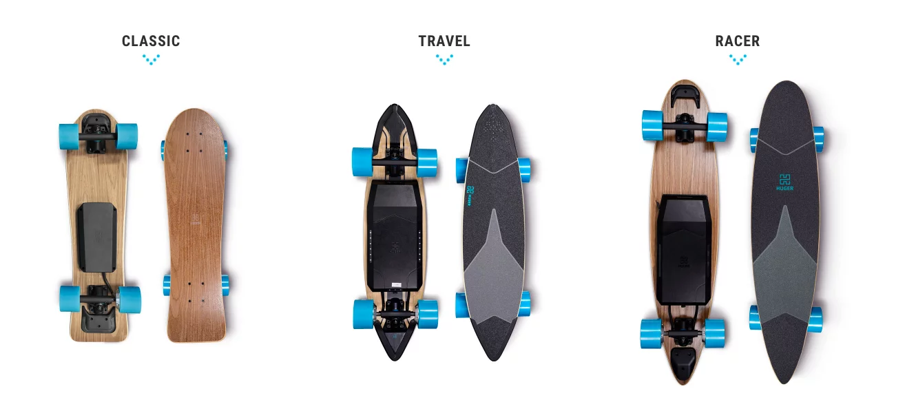 The full range of Huger Tech skateboards