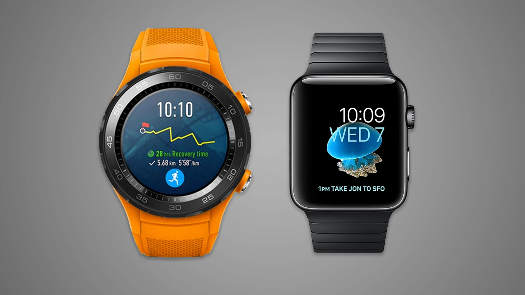 The second-generation Huawei Watch and the Apple Watch Series 2 have similar specs, but different approaches