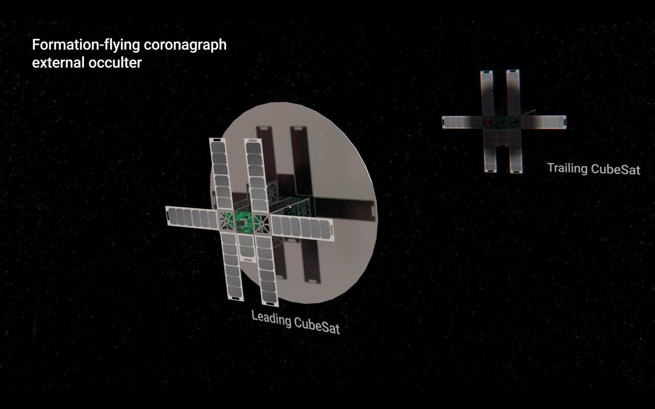 A 90-centimeter diameter external occulter extends from the sunward CubeSat, resulting in an artificial eclipse falling on the trailing CubeSat 100 m away