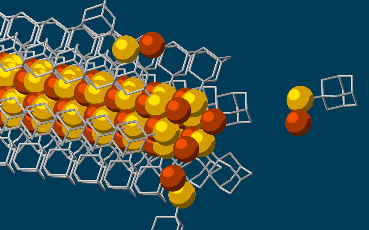 An illustration showing the molecular cage of diamondoids self-assembling around the nanowire core