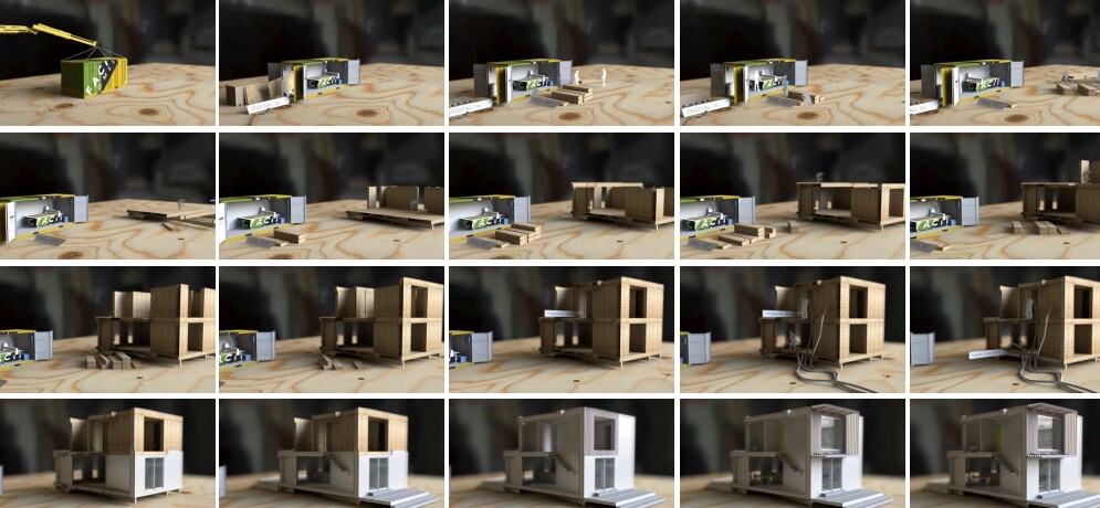 The compact mobile production facility (MPF) digitally fabricates a bespoke home on site