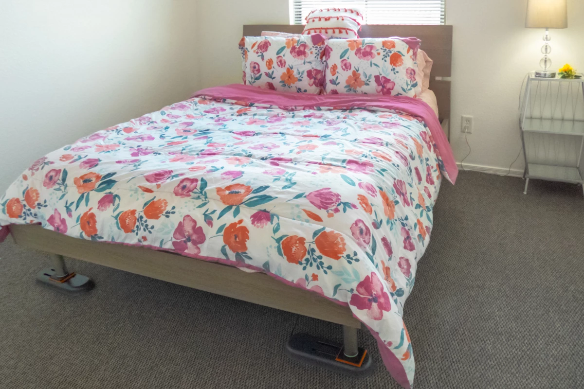 An Ensven-equipped bed – note the slider units beneath its legs