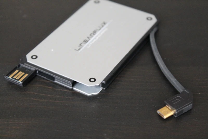 A micro-USB connector is used to charge devices from the LithiumCard