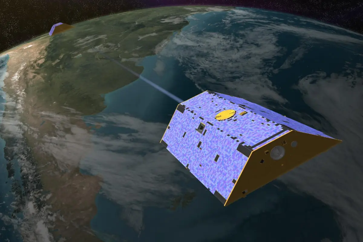 Artist's concept of the twin Gravity Recovery and Climate Experiment (GRACE) satellites in orbit