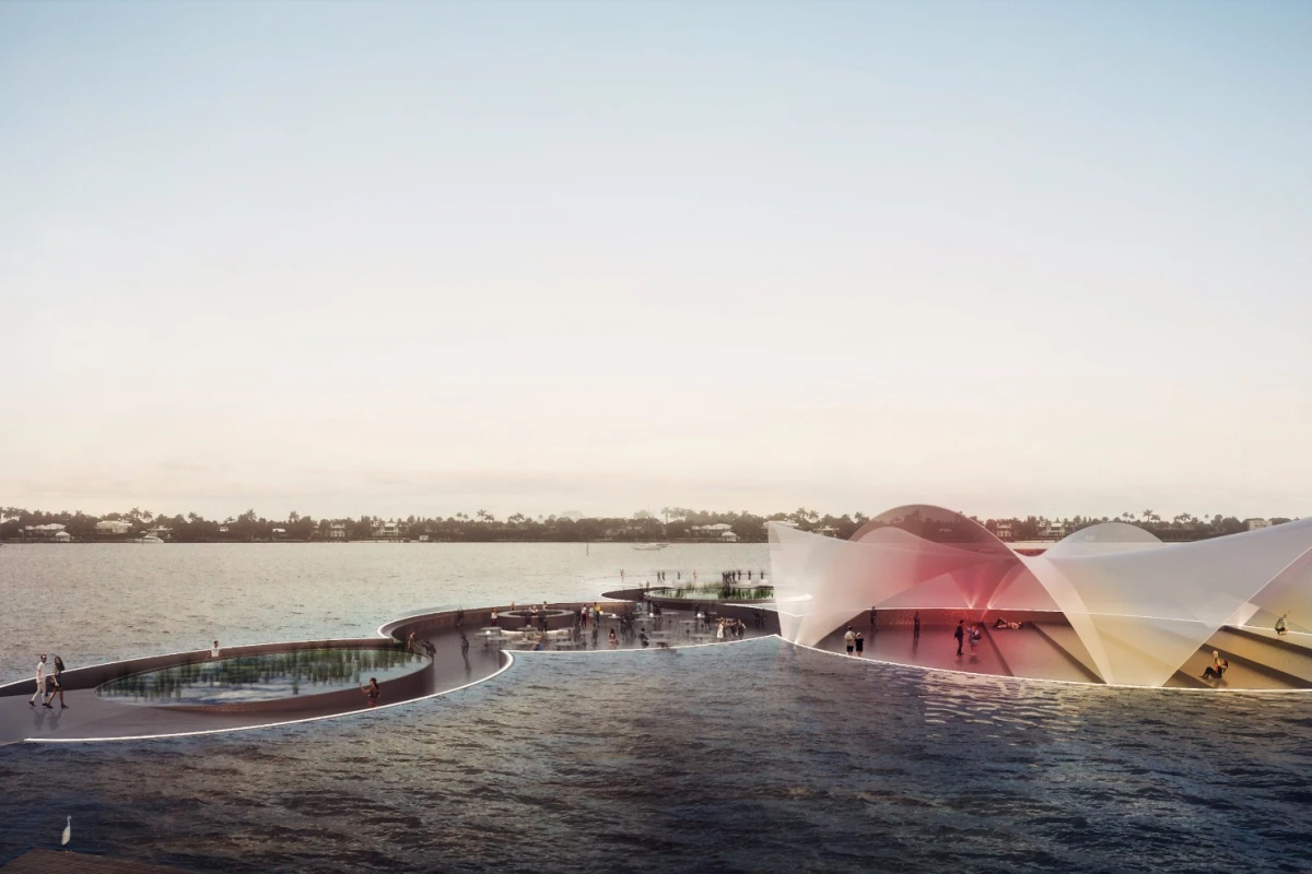The Currie Park floating plaza will be mounted on a system of responsive air chambers that will take in and expel air based on the number of people walking on the platform