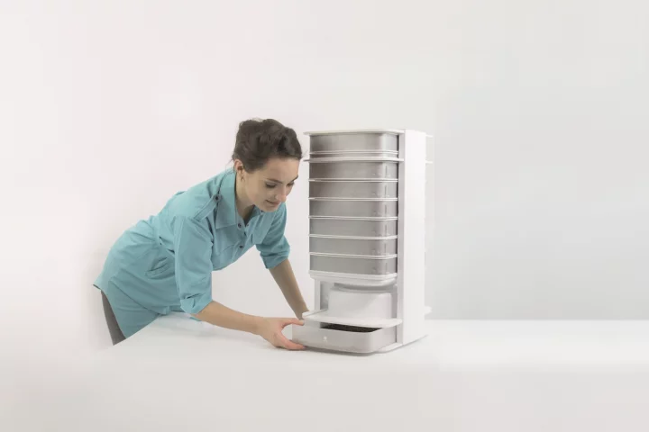 The Livin Farms Hive uses mains power, sensors and heating to provide the ideal microclimate for mealworms to develop
