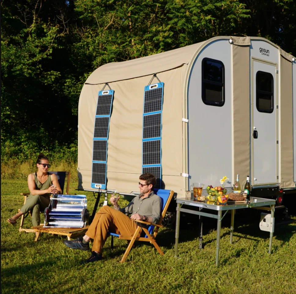 The GoSun Camp 365 trailer features multiple solar charging options