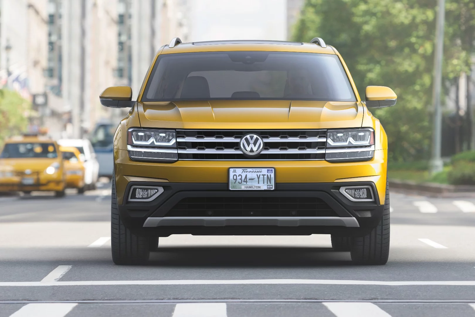 A thin, sport-minded grille marks all current-generation Volkswagen models including the upcoming 2018 Atlas