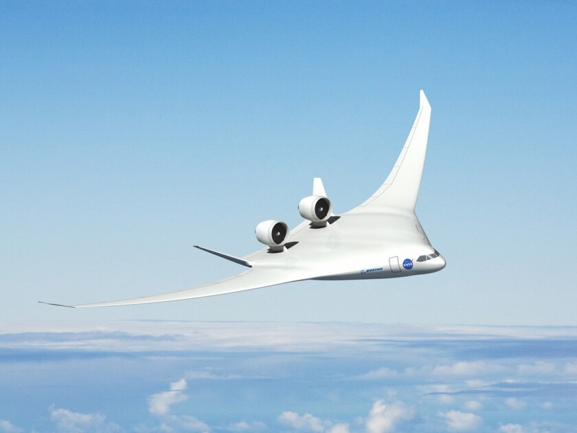This version of a hybrid wing body aircraft concept has turbofan engines on top of the back end, flanked by two vertical tails to shield people on the ground from engine noise