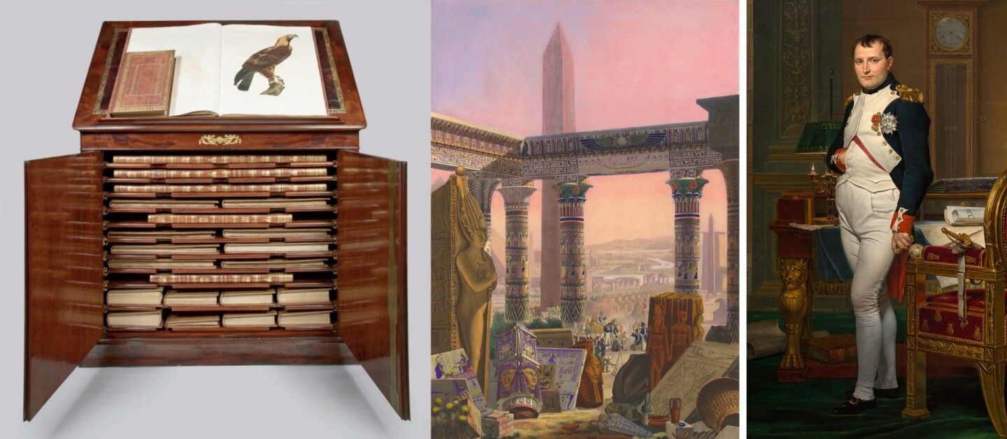 The Description de l'Égypte (full title: Description De L'Egypte Ou Recueil Des Observations Et Des Recherches Qui Ont Été Faites En Egypte Pendant L'expédition De L'Armée Française) was a series of publications, begun in 1809 and continuing until 1830, which offered a comprehensive scientific description of ancient and modern Egypt. It is the collaborative work of about 160 civilian scholars and scientists who accompanied Napoleon's expedition to Egypt in 1798 to 1801 as part of the French Revolutionary Wars, as well as about 2000 artists and technicians, including 400 engravers, who would later compile it into a full work. The full set (pictured above) is breathtaking in its beauty and comprehensiveness. This full collection of books and the myriad illustrations is available online as part of the New York Public Library Digital Collection.