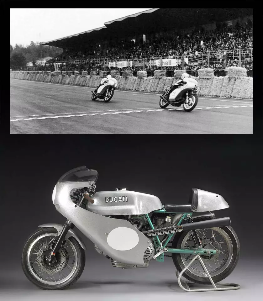 Top: Paul Smart leads Bruno Spaggiari over the line to give Ducati its famous 1-2 finish in the Imola 200 on 23 April 1972. Bottom: the bike that Spaggiari rode to second place in the 1972 Imola 200 1-2 finish was sold by Sotheby's on 15 September 2001 for $121,250. It went to auction again at Bonhams Staffordshire Autumn Sale on 19 October 2008 where it was estimated to sell for between £250,000 and £300,000 (USD$430,000 and $515,000) but failed to meet reserve and was passed in.