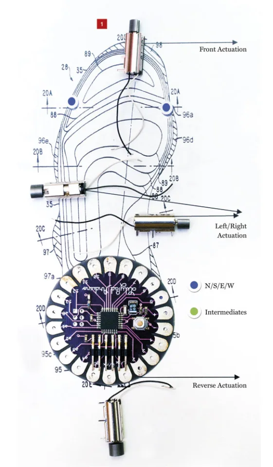 The layout of LeChal, with its LilyPad Arduino circuit board and four vibrators