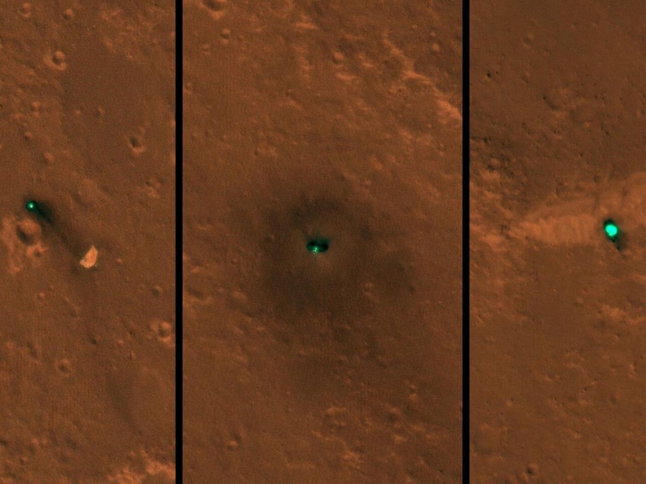 Composite image showing (from left to right) the InSight spacecraft's parachute, the lander itself and the heat shield on the surface of Mars