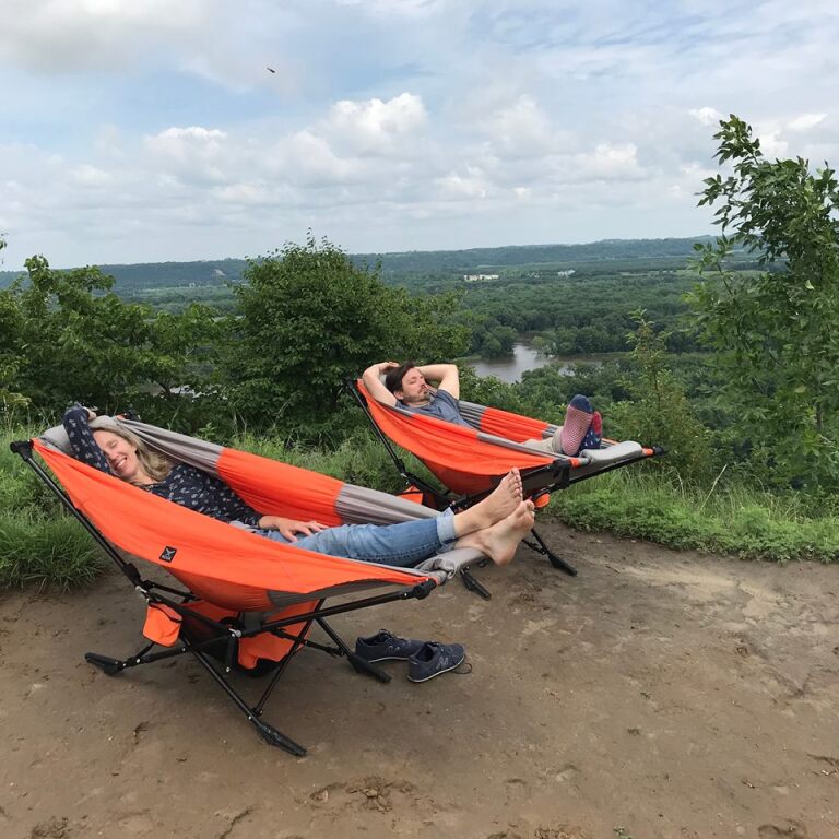 Folding camping hammock travels light and sets up without the trees