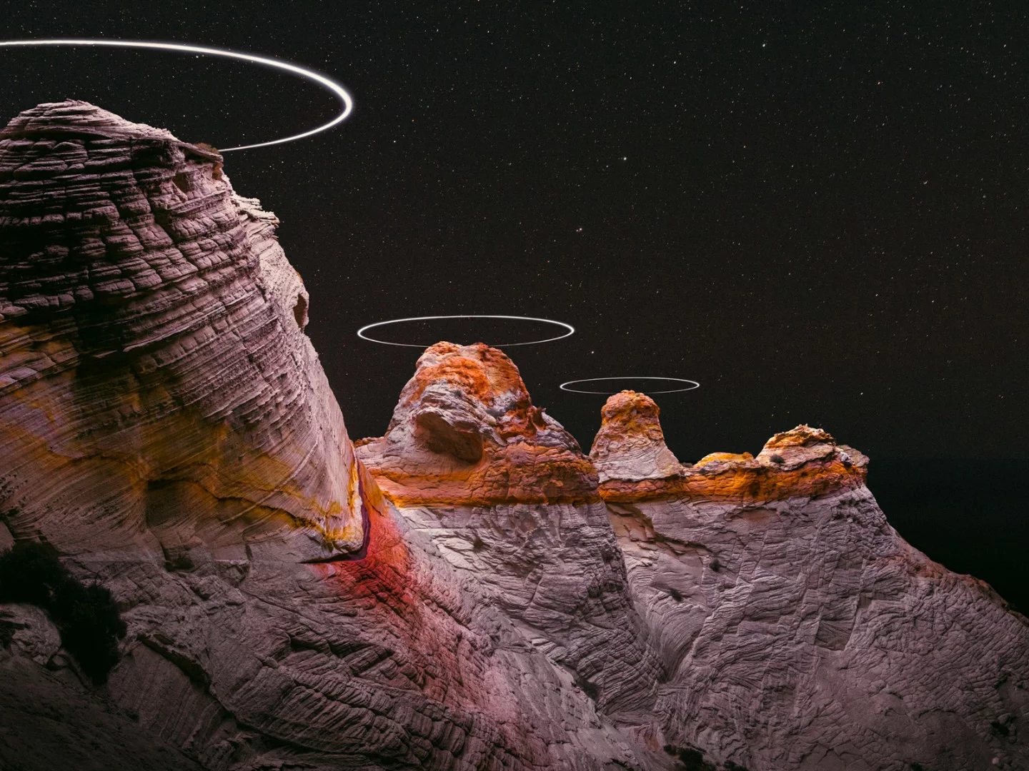 These images included the trails of the drones to create eerie floating halos in the sky