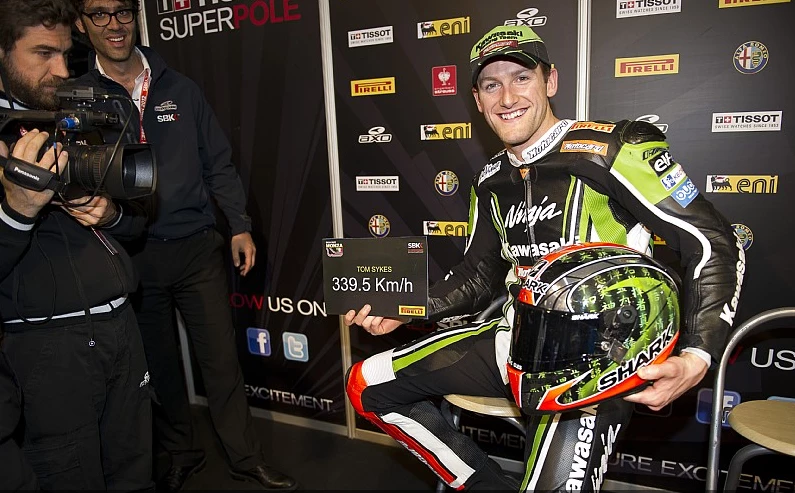 In practice at Monza in 2012, Tom Sykes ran a new Superbike top speed record when he slipstreamed 2010 champion Max Biaggi down the straight and managed 339.5 km/h - 210 mph