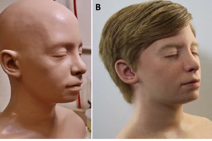 A low-res version of the 3D printed head on the left, and a more lifelike version on the right