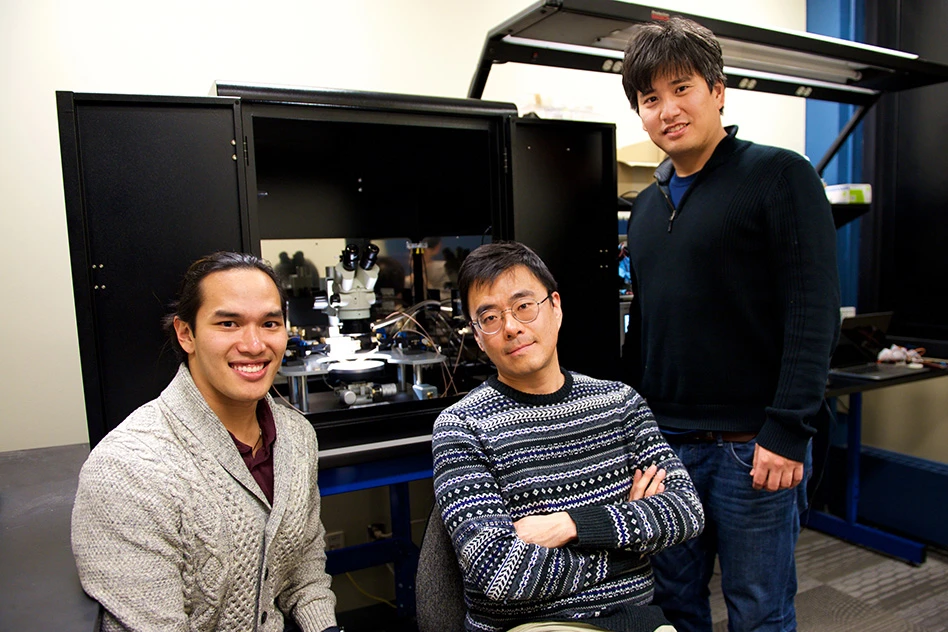 The MIT researchers behind the new neuromorphic chip, from left: Scott H. Tan, Jeehwan Kim, and Shinhyun Choi