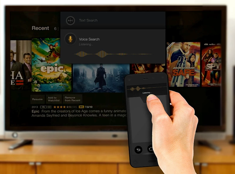 The remote mobile app provides voice search