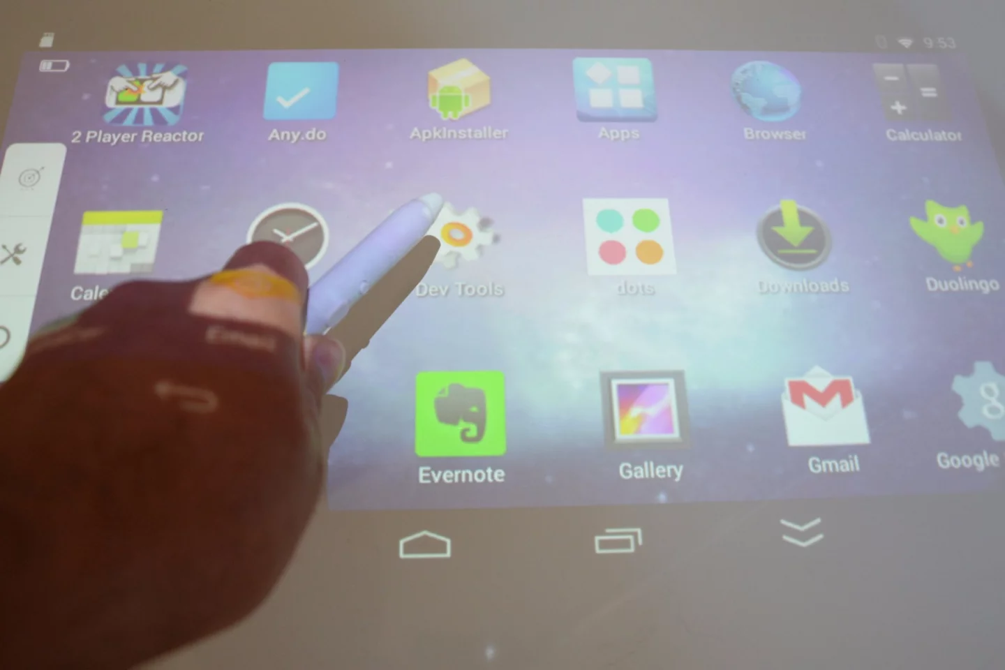 The Pond can be suspended from a tablet stand or tripod and used as an interactive overhead projector