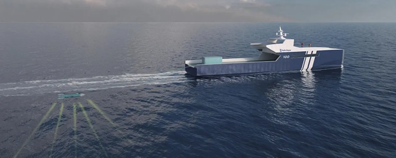 Illustration of the Rolls-Royce autonomous naval vessel concept towing a sensor pod