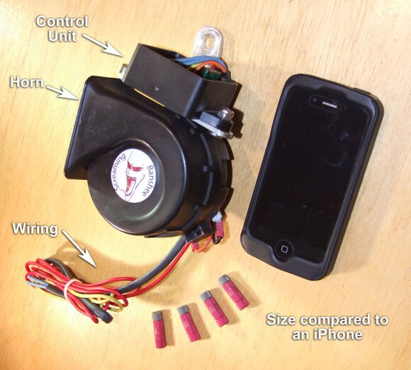 The Plug & Play Screamer is smaller than the Banshee, combining the horn and control unit in one package that mounts with a single bolt