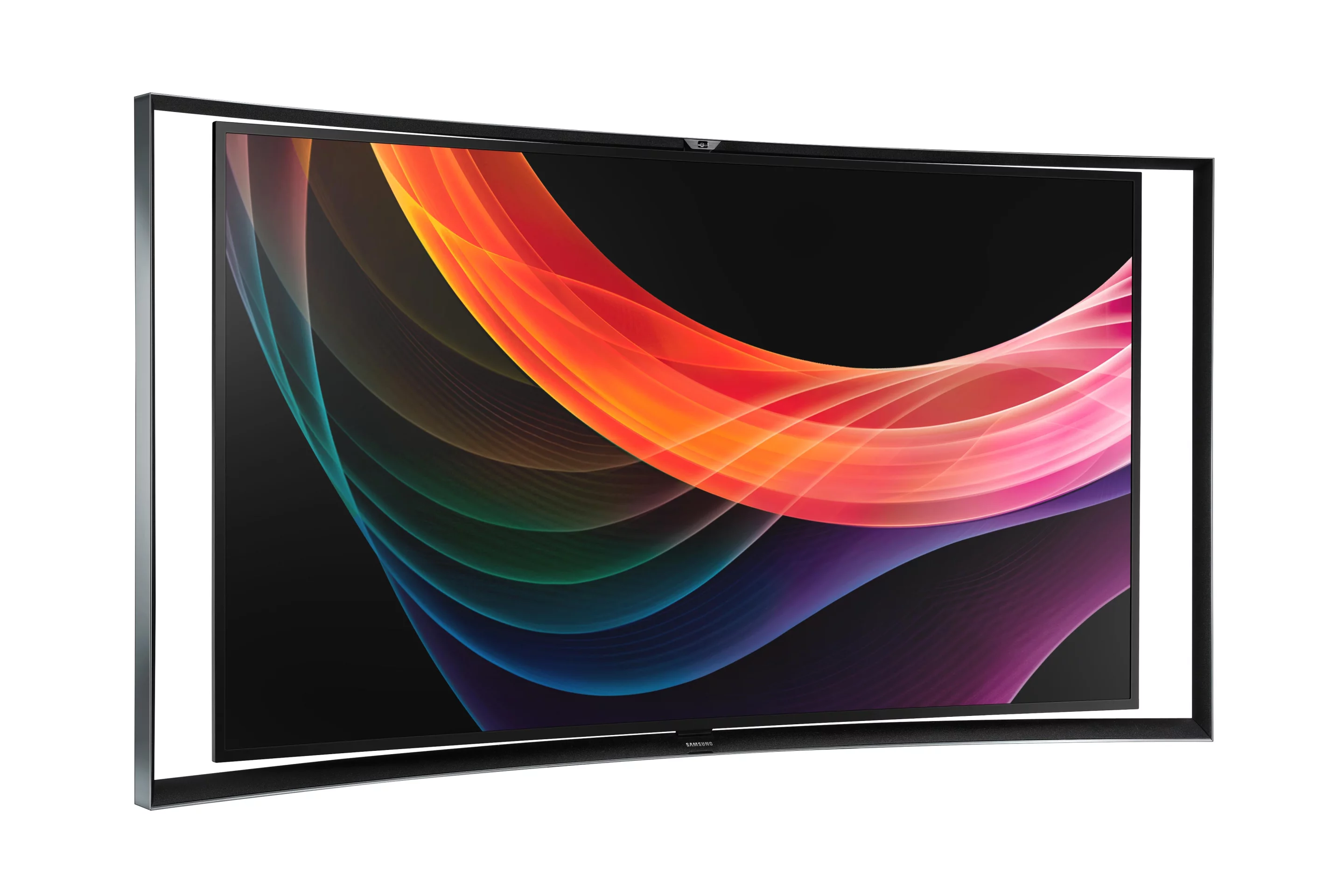 The Samsung Curved OLED TV is mounted in a metallic Timeless Arena frame, which gives it overall dimensions of 55.8 x 30.6 x 14.2 in