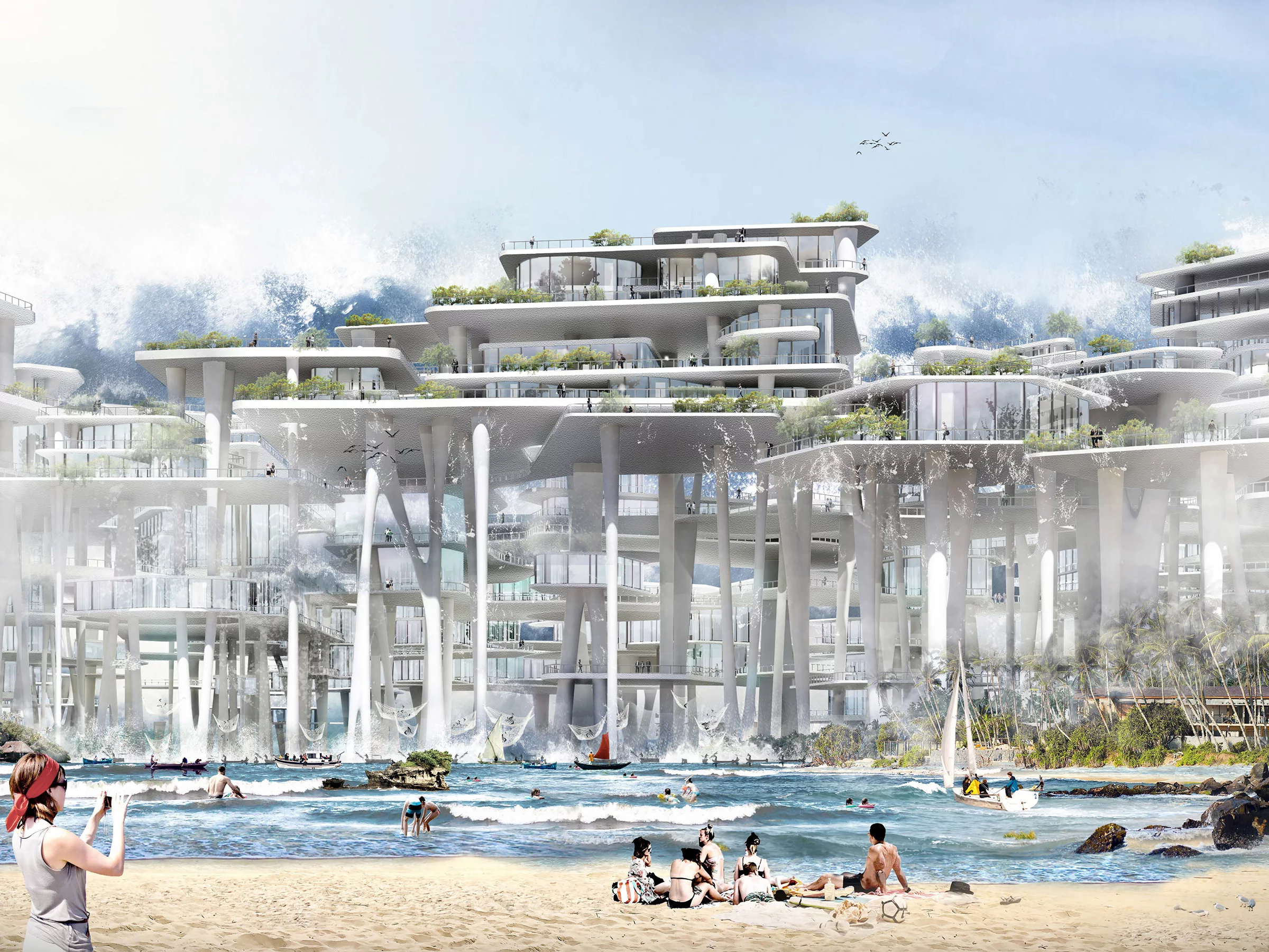 Tsunami Park Skyscraper was designed by China's Wang Jue, Zhang Qian, Zhang Changsheng, Li Muchun, and Xu Jing. Its design is inspired by mangroves and would be used to protect nearby communities from tsunamis