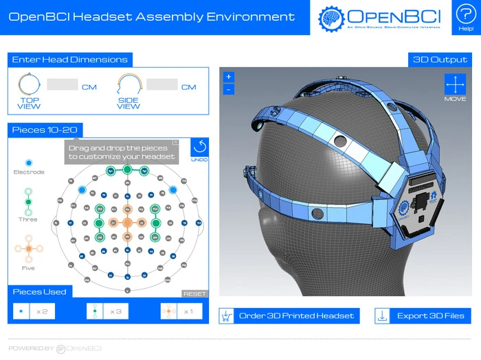 The OpenBCI headset design interface allows for inputting head dimensions and changing which electrode positions to incorporate